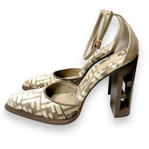 Fendi Monogram Jacquard FF-Logo Print Pointed Toe Ankle Strap High Heel Size 41 - Picture 4 of 13